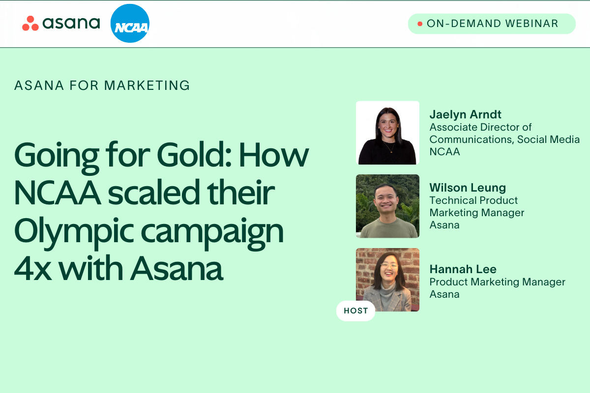Title card for the Going for Gold: How NCAA scaled their Olympic campaign 4x with Asana webinar, with speakers Jaelyn Arndt, Associate Director of Communications at NCAA; Wilson Leung, Technical Product Manager at Asana; and host Hannah Lee, PMM Asana