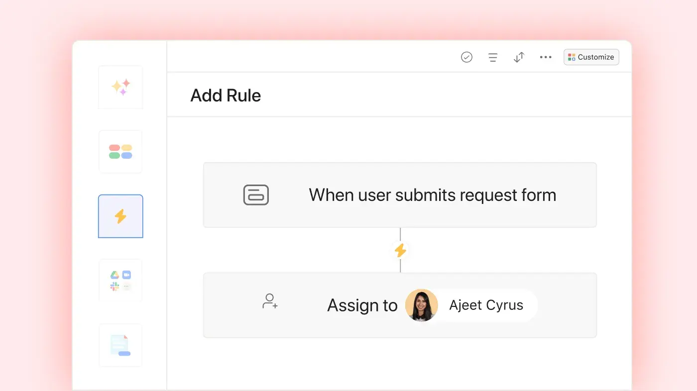 Asana Product UI of adding rules to a form 